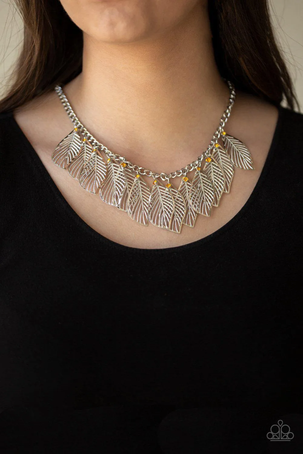 Feathery Foliage Silver and Yellow Necklace and matching Earrings - Paparazzi Accessories