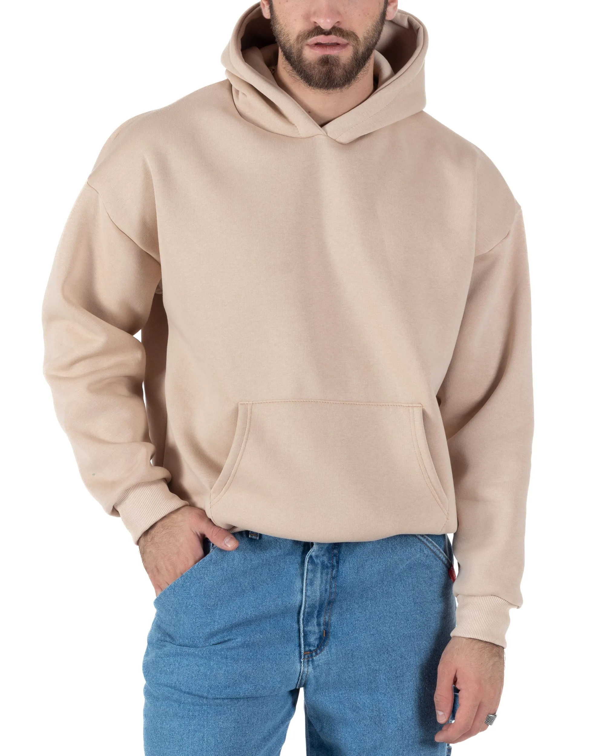 Felpa Con Cappuccio Uomo Boxy Fit Basic Felpata Comoda Tinta Unita Beige GIOSAL-F3003A