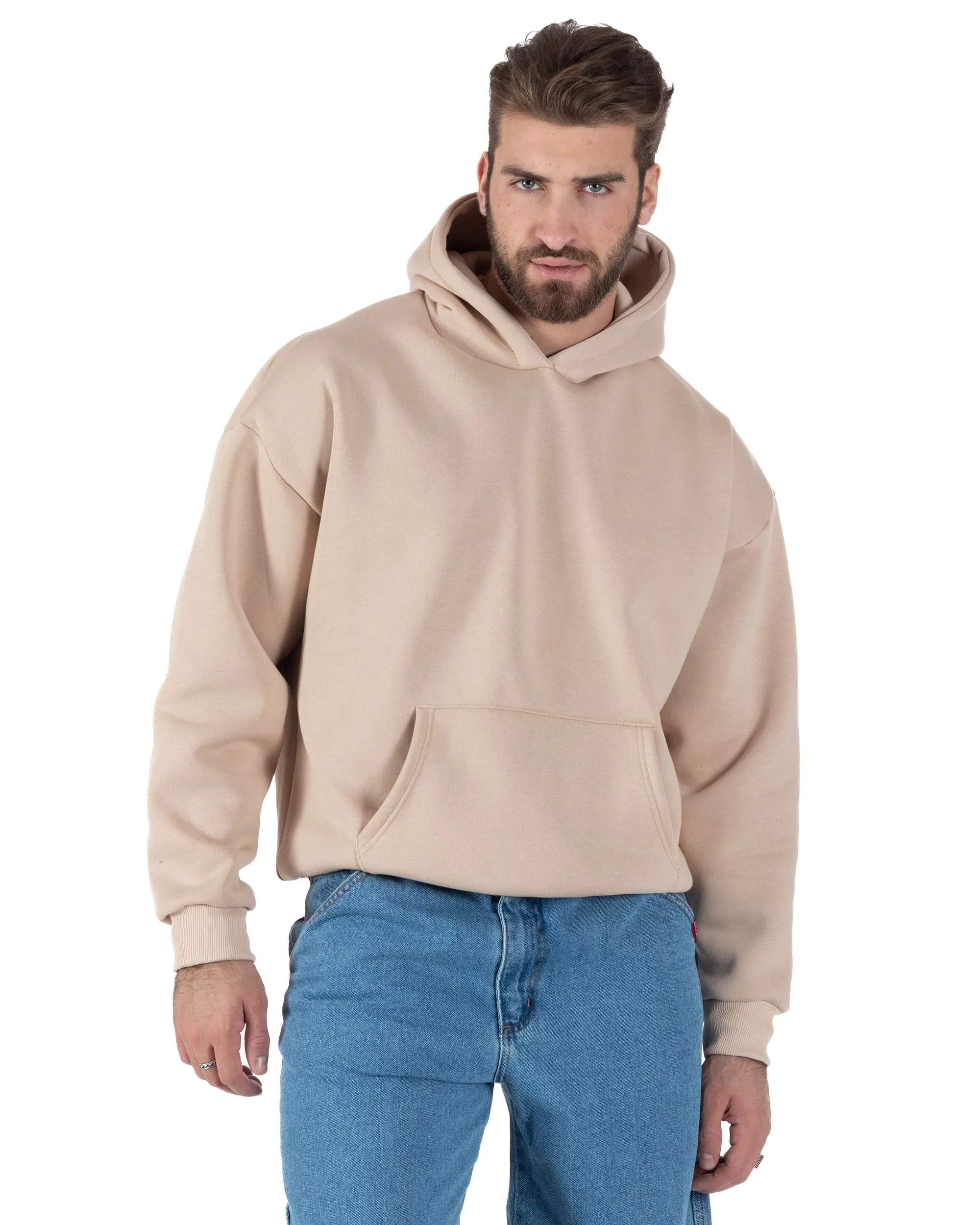 Felpa Con Cappuccio Uomo Boxy Fit Basic Felpata Comoda Tinta Unita Beige GIOSAL-F3003A