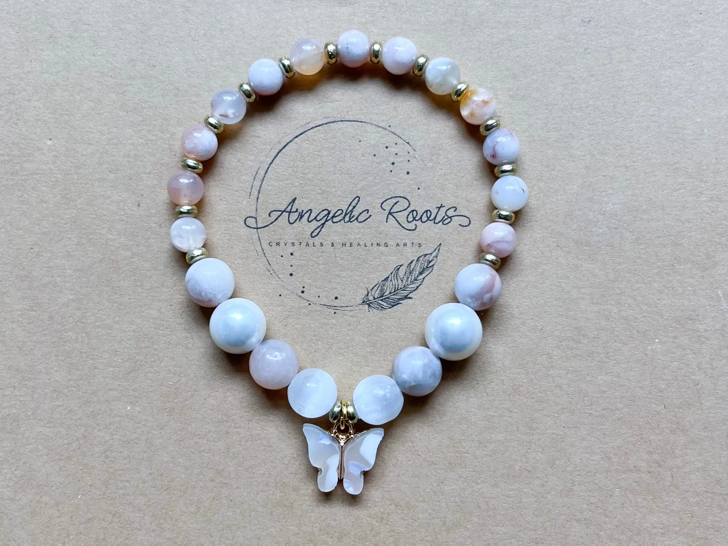 Flower Agate, Mother of Pearl & Selenite with Butterfly Beaded Bracelet || Reiki Infused