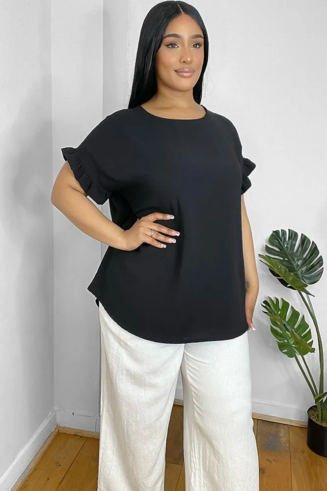 Frill Trim Short Sleeves Summer Blouse