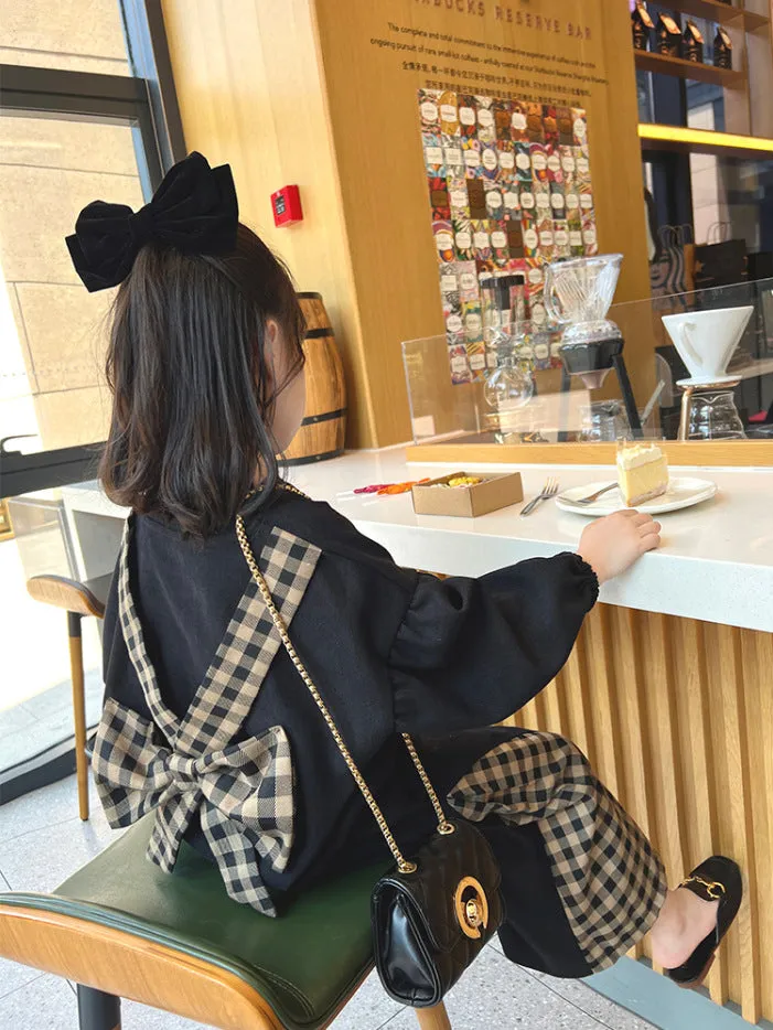 Girls Plaid Pattern Big Bow Sweater Bell Bottoms Spring and Autumn Suit