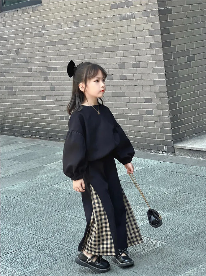 Girls Plaid Pattern Big Bow Sweater Bell Bottoms Spring and Autumn Suit