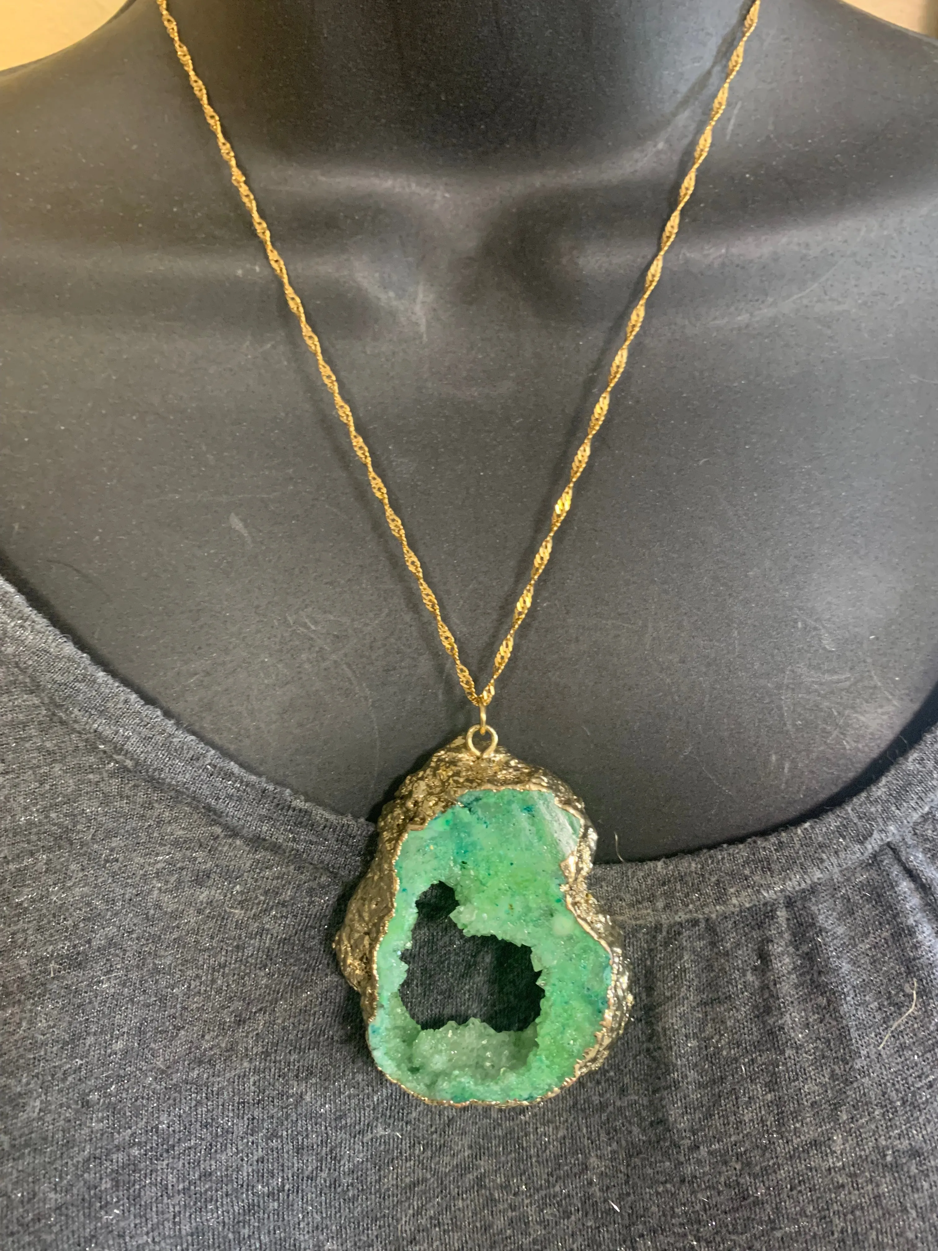 Green and Gold Druzy Gemstone Pendant Necklace