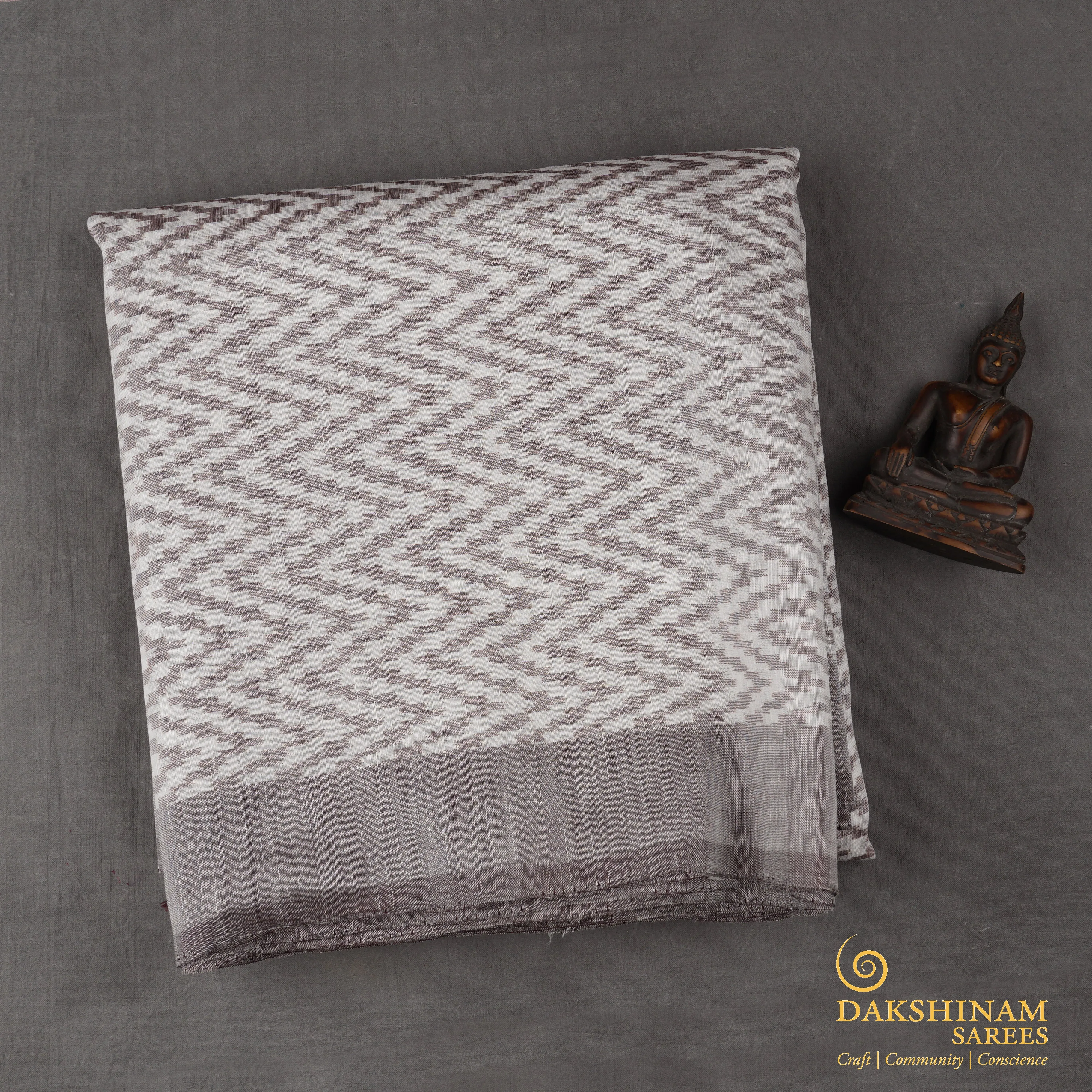 Handwoven Off-white with Grey Linen Ikkat Silk Saree - 1765T008354DSC