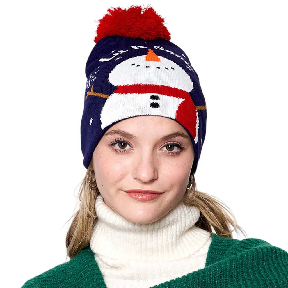 Let It Snow Message Snowman Snowflake Pom Pom Beanie Hat