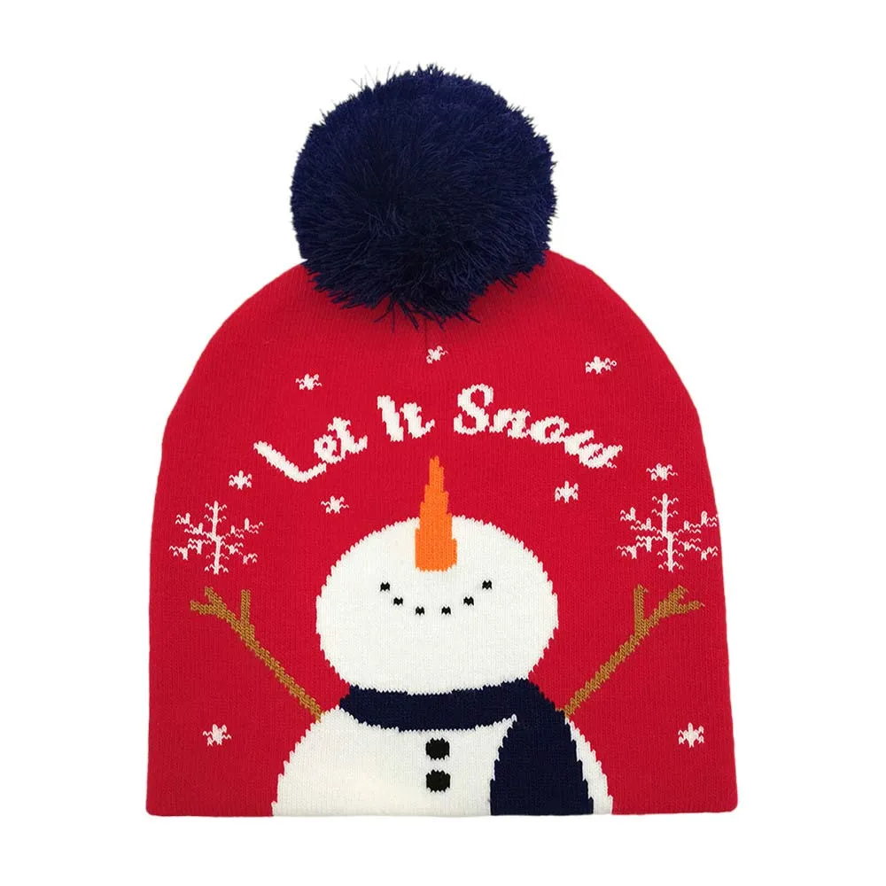 Let It Snow Message Snowman Snowflake Pom Pom Beanie Hat