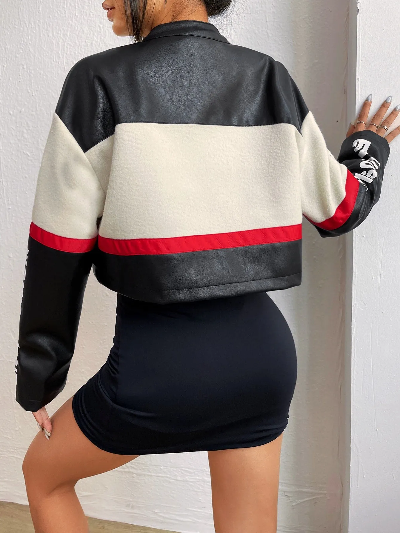 Letter Graphic Racer Colorblock Crop Jacket