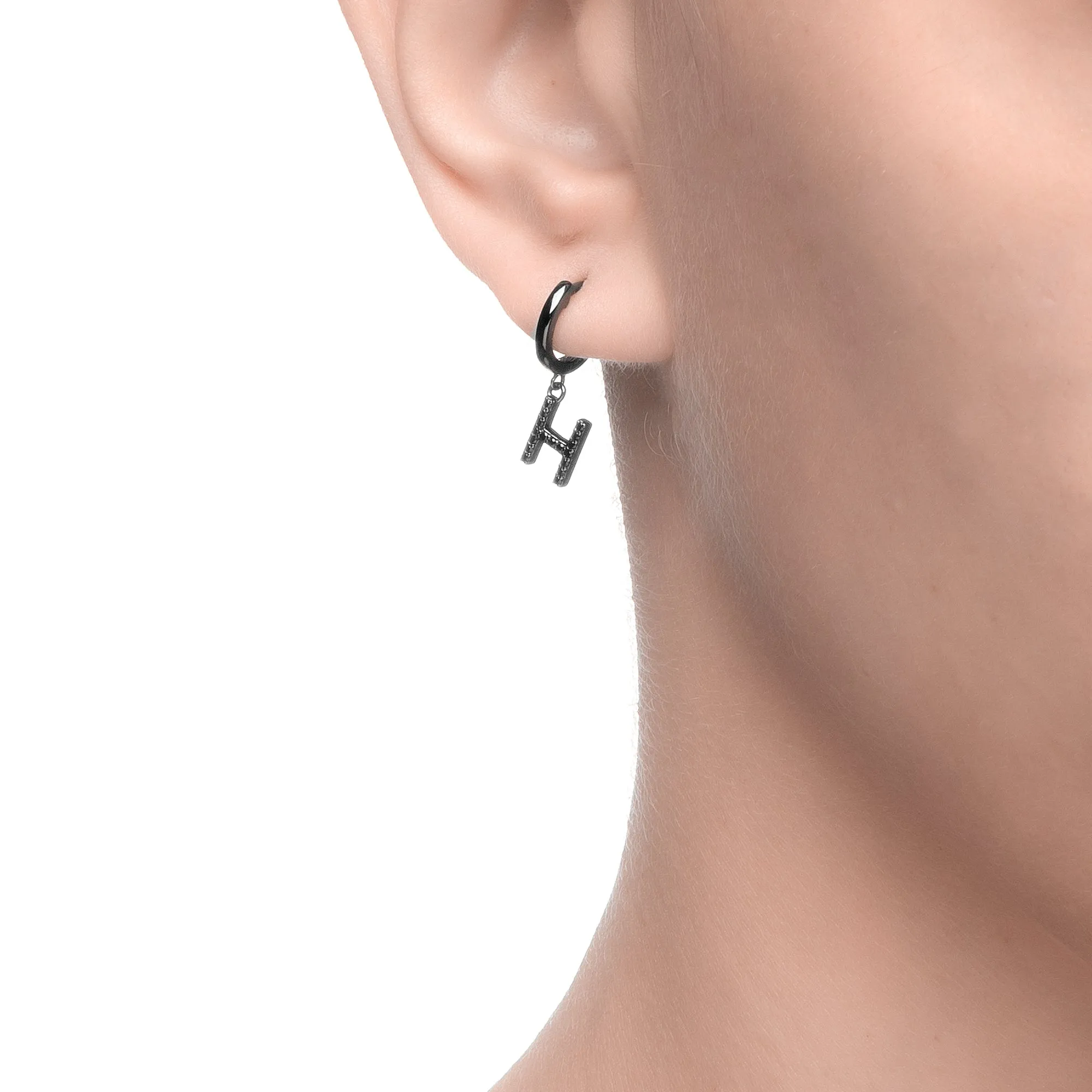 Magna | H Letter Single Earring | Black CZ | Black Rhodium Plated 925 Silver