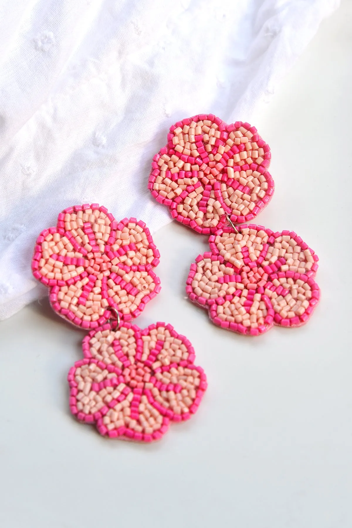 PINK DOUBLE FLOWER BEADED EARRINGS