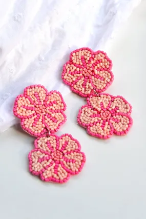 PINK DOUBLE FLOWER BEADED EARRINGS