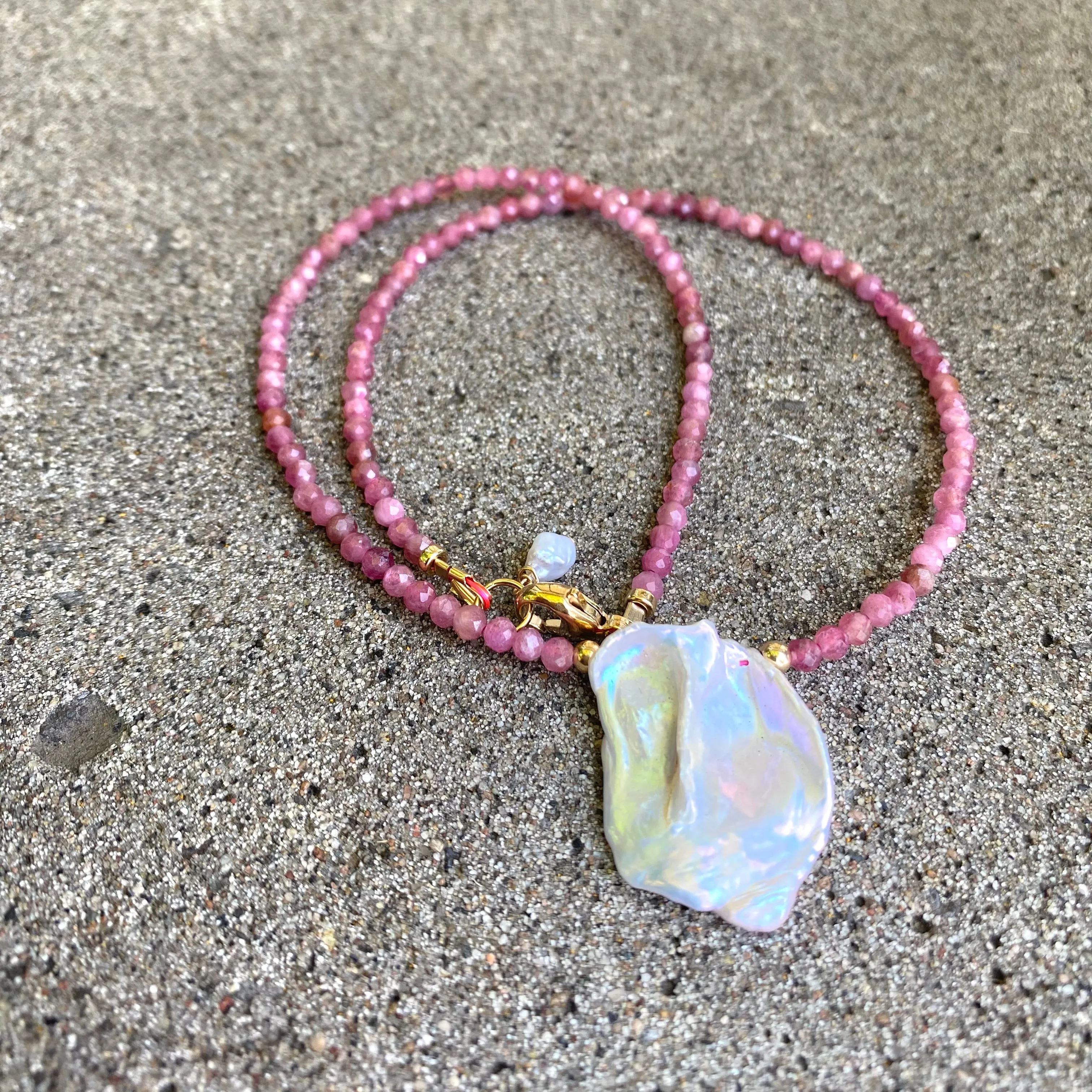 Pink Tourmaline and Lavender Keshi Petal Pearl Choker Necklace, Gold Filled, October Birthstone Necklace, 15.5inches