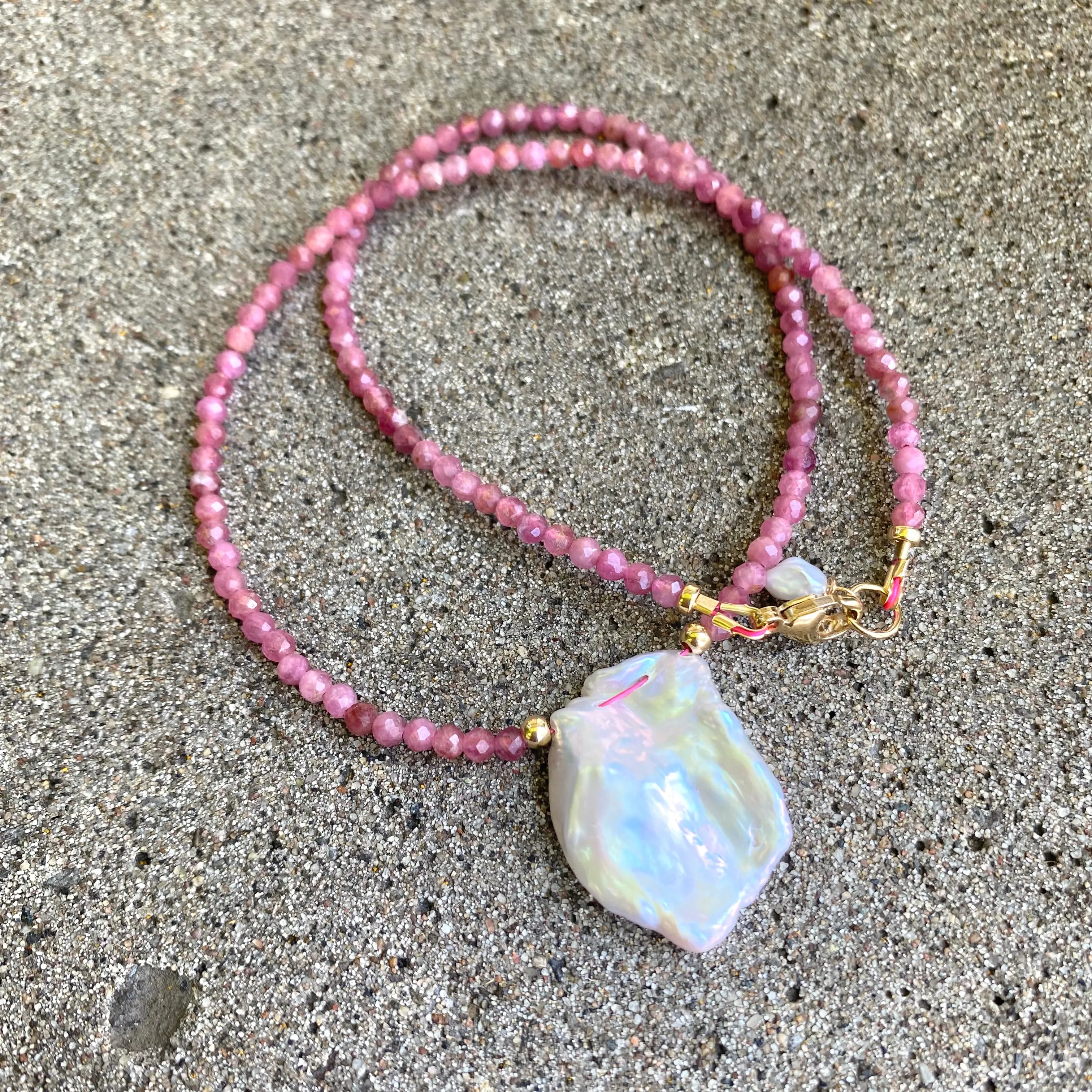 Pink Tourmaline and Lavender Keshi Petal Pearl Choker Necklace, Gold Filled, October Birthstone Necklace, 15.5inches