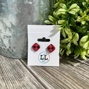 Red Buffalo Plaid Hand Painted Wood Stud Earrings