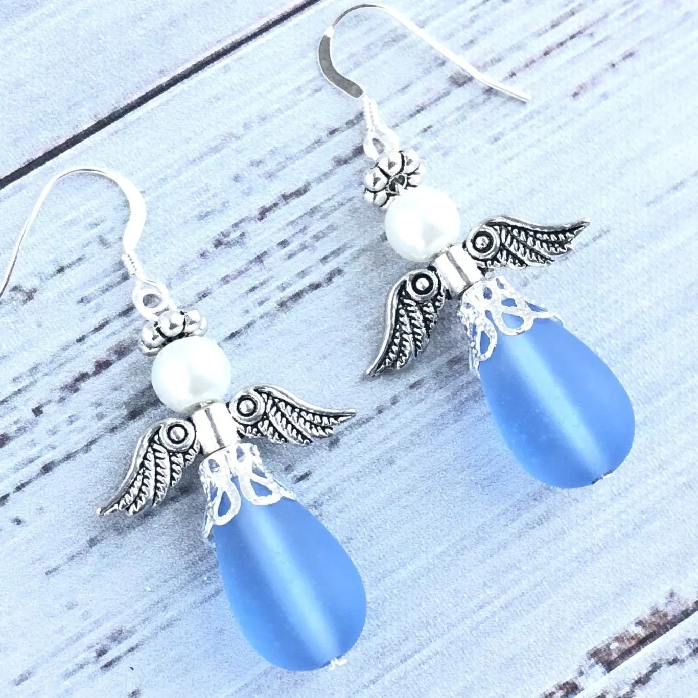 Sapphire Blue Sea Glass Angel Earrings