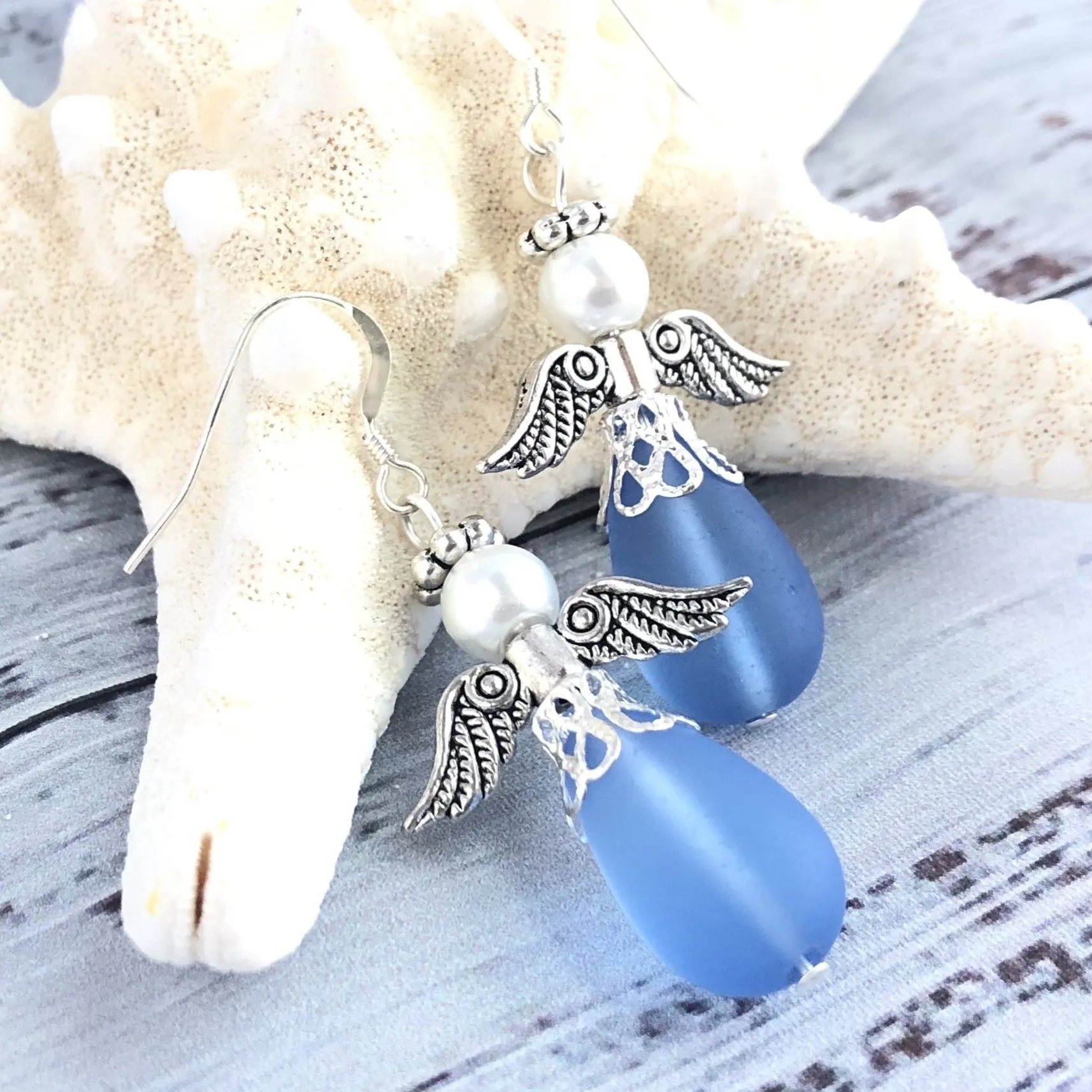 Sapphire Blue Sea Glass Angel Earrings