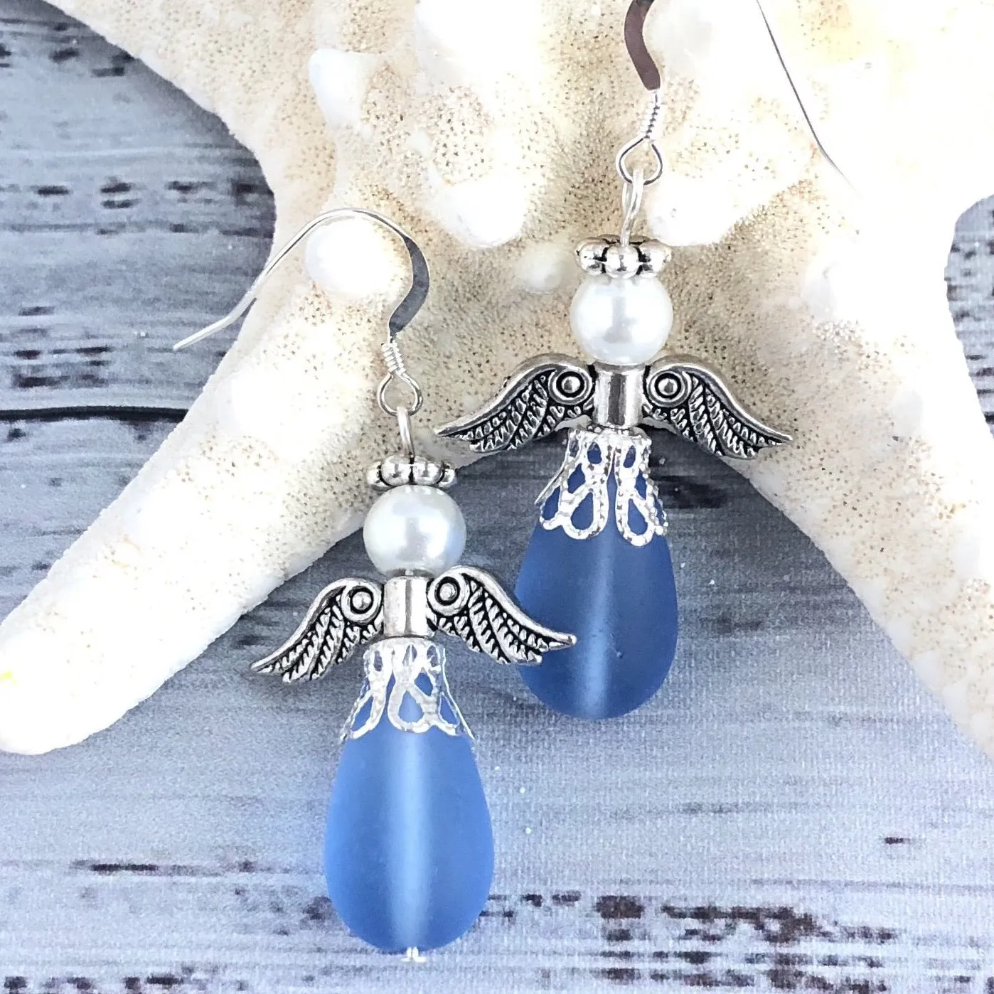 Sapphire Blue Sea Glass Angel Earrings