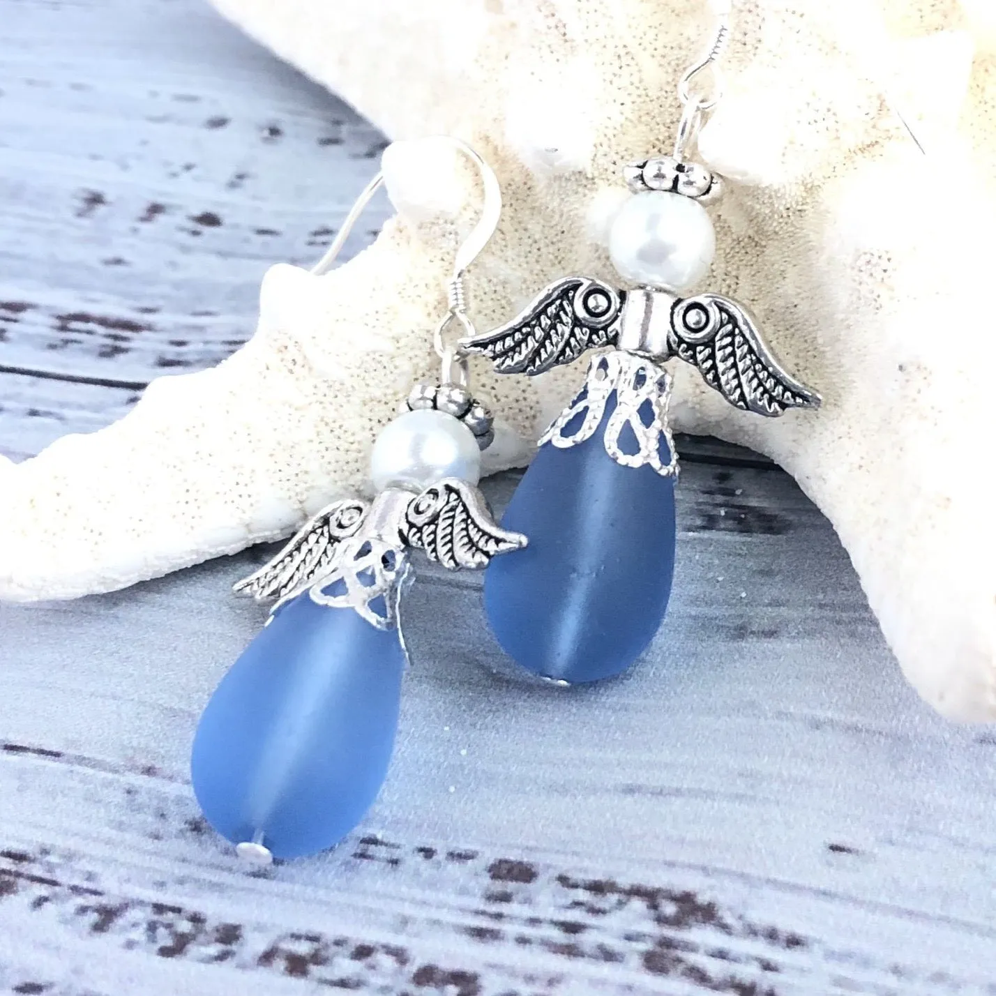 Sapphire Blue Sea Glass Angel Earrings