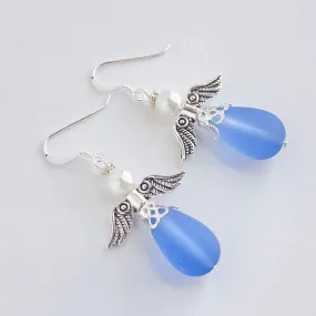 Sapphire Blue Sea Glass Angel Earrings