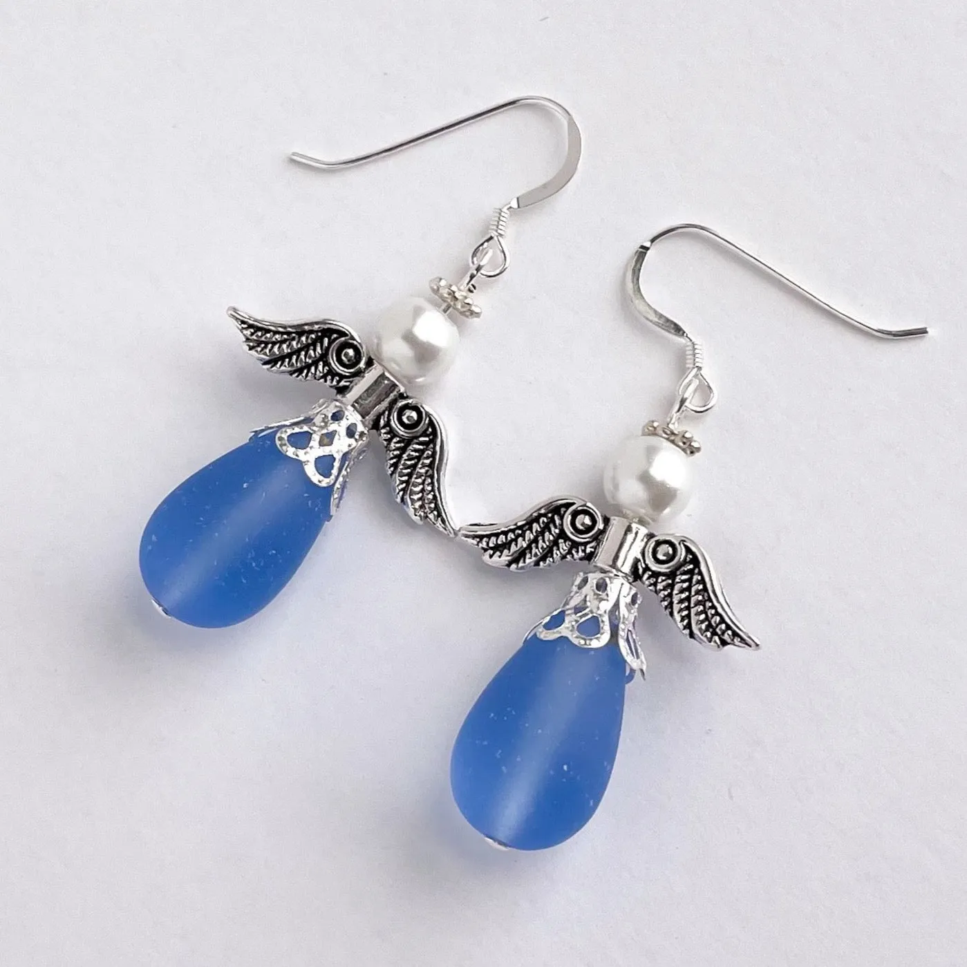 Sapphire Blue Sea Glass Angel Earrings