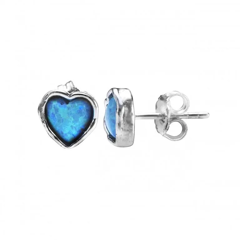 Sterling silver love heart stud earrings set with Blue opals Israeli designer jewelry gift for mom 艺术耳环