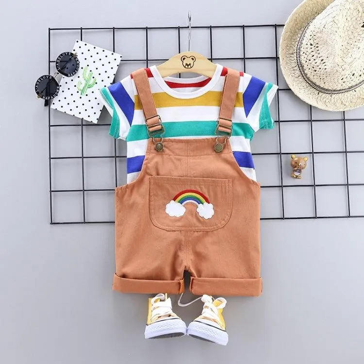 Striped Summer Baby Suspenders Two-Piece Outfit with Short Sleeves