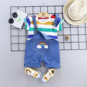 Striped Summer Baby Suspenders Two-Piece Outfit with Short Sleeves