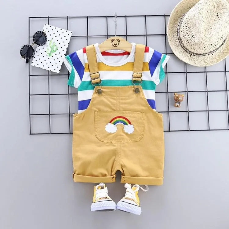 Striped Summer Baby Suspenders Two-Piece Outfit with Short Sleeves