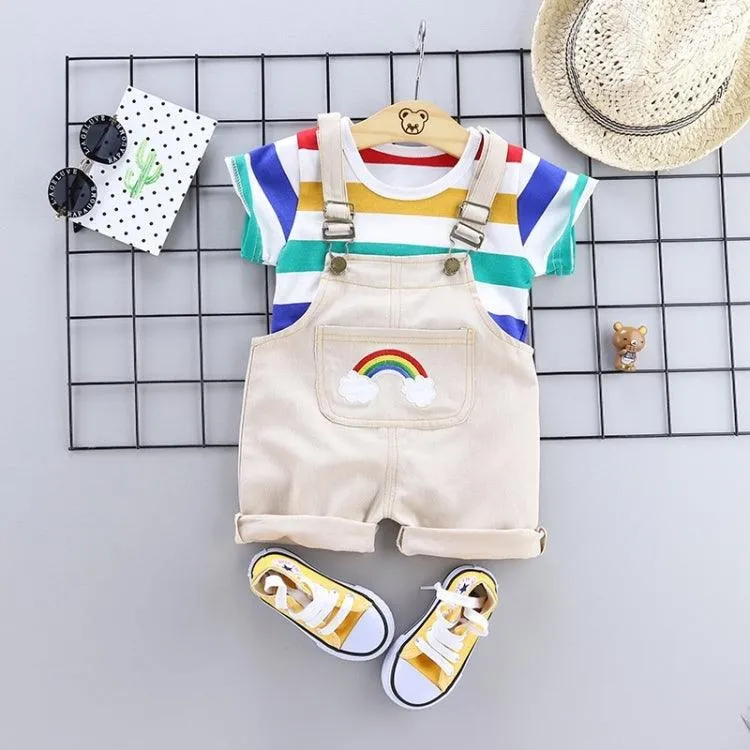 Striped Summer Baby Suspenders Two-Piece Outfit with Short Sleeves