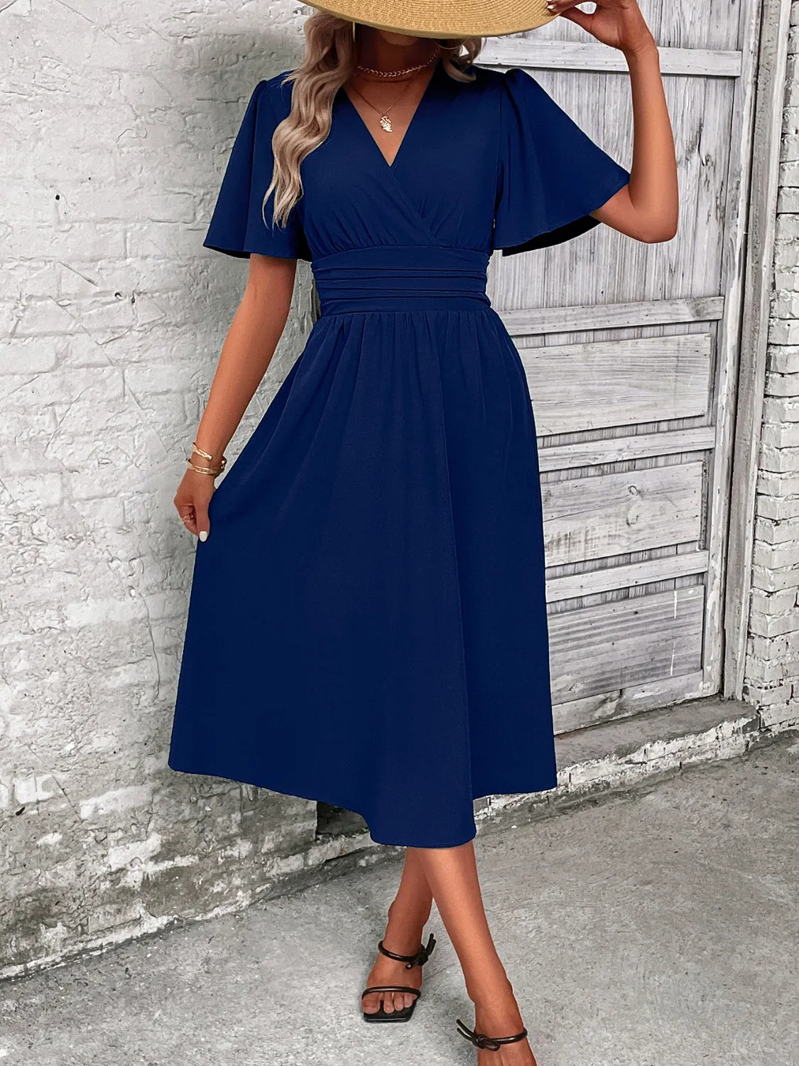 Sunset Vacation Surplice Flutter Sleeve Midi Dress