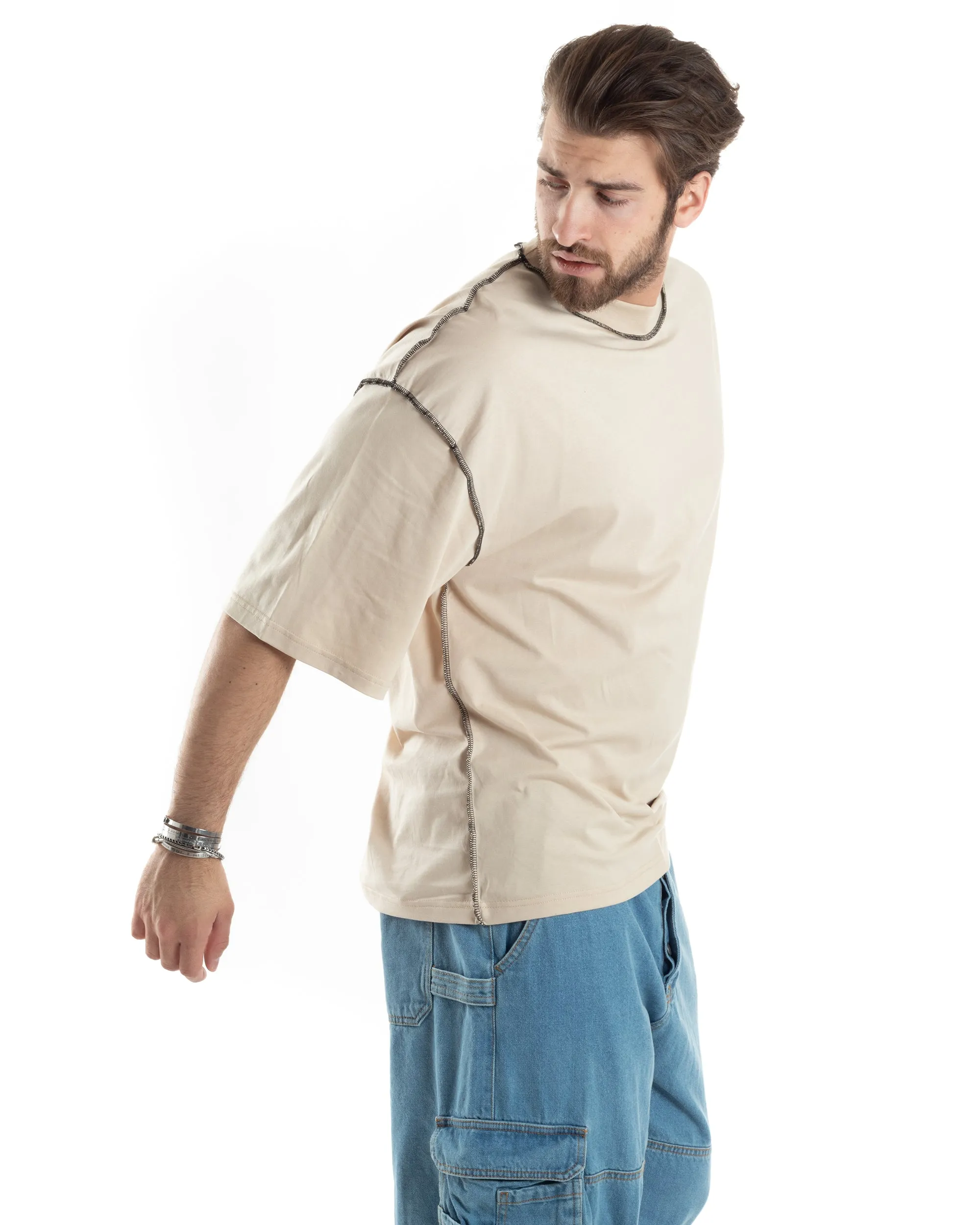 T-shirt Uomo Girocollo Boxy Fit Oversize Spalla Scesa Gola Alta Cuciture A Contrasto Cotone Beige GIOSAL-TS3034A