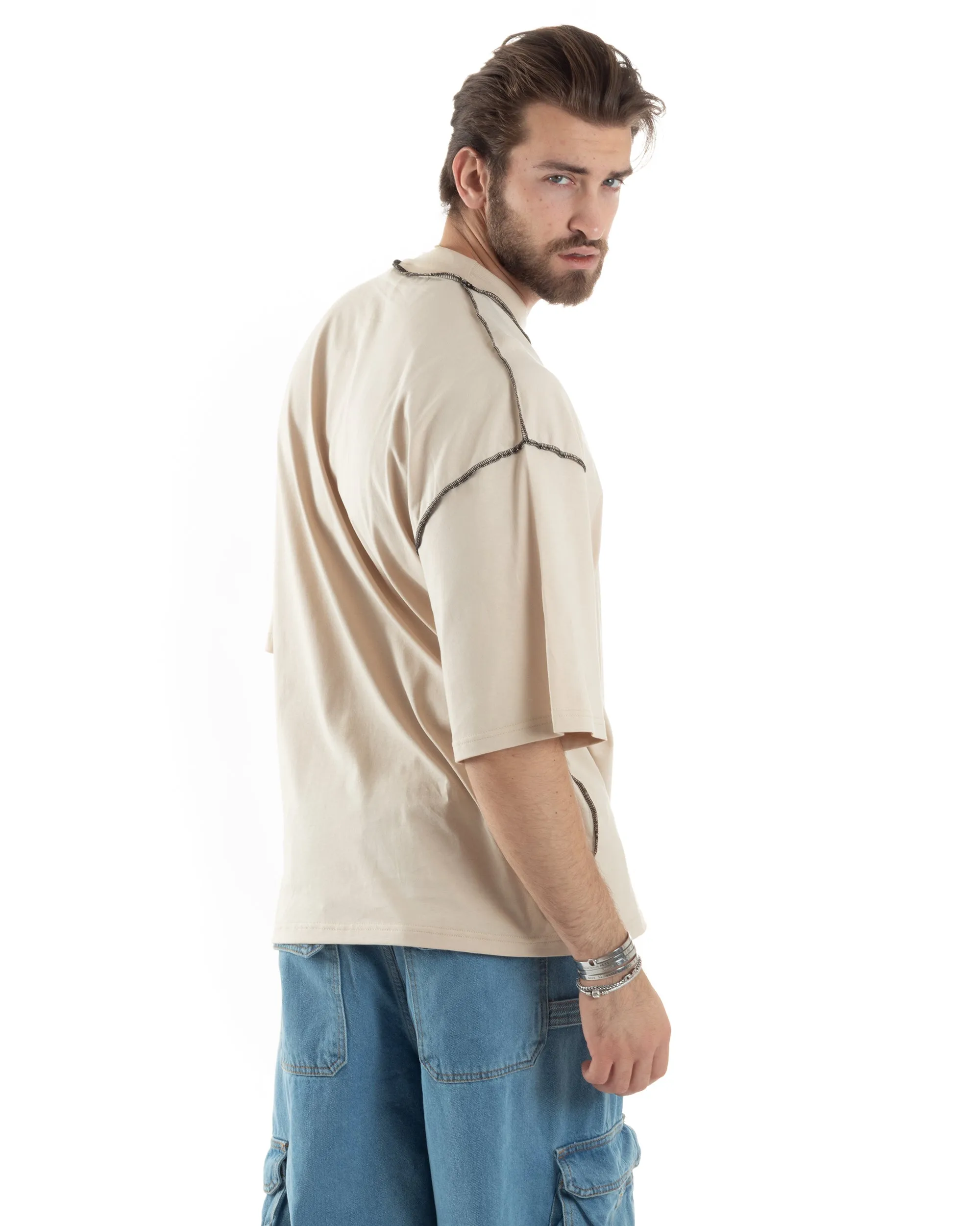 T-shirt Uomo Girocollo Boxy Fit Oversize Spalla Scesa Gola Alta Cuciture A Contrasto Cotone Beige GIOSAL-TS3034A