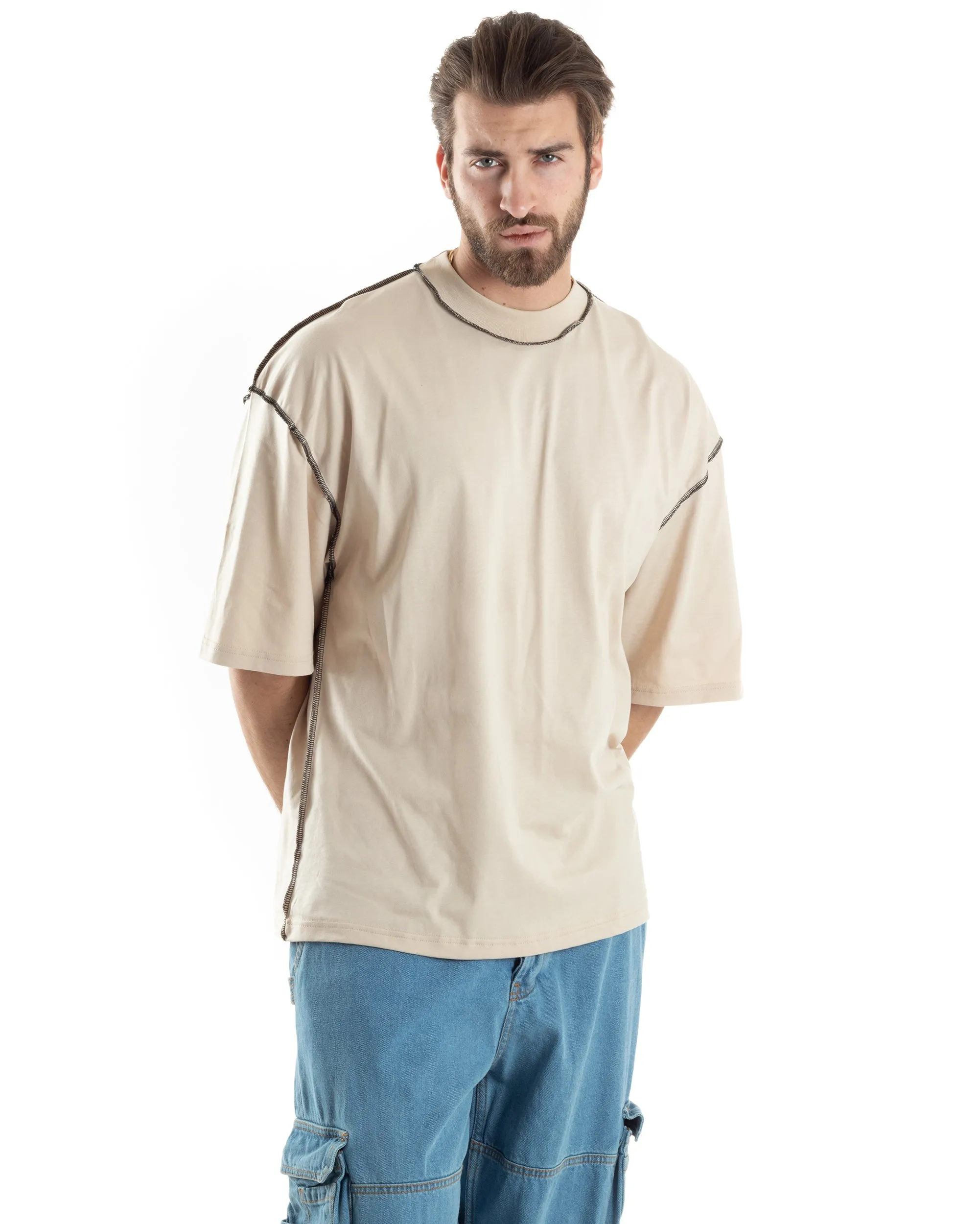 T-shirt Uomo Girocollo Boxy Fit Oversize Spalla Scesa Gola Alta Cuciture A Contrasto Cotone Beige GIOSAL-TS3034A