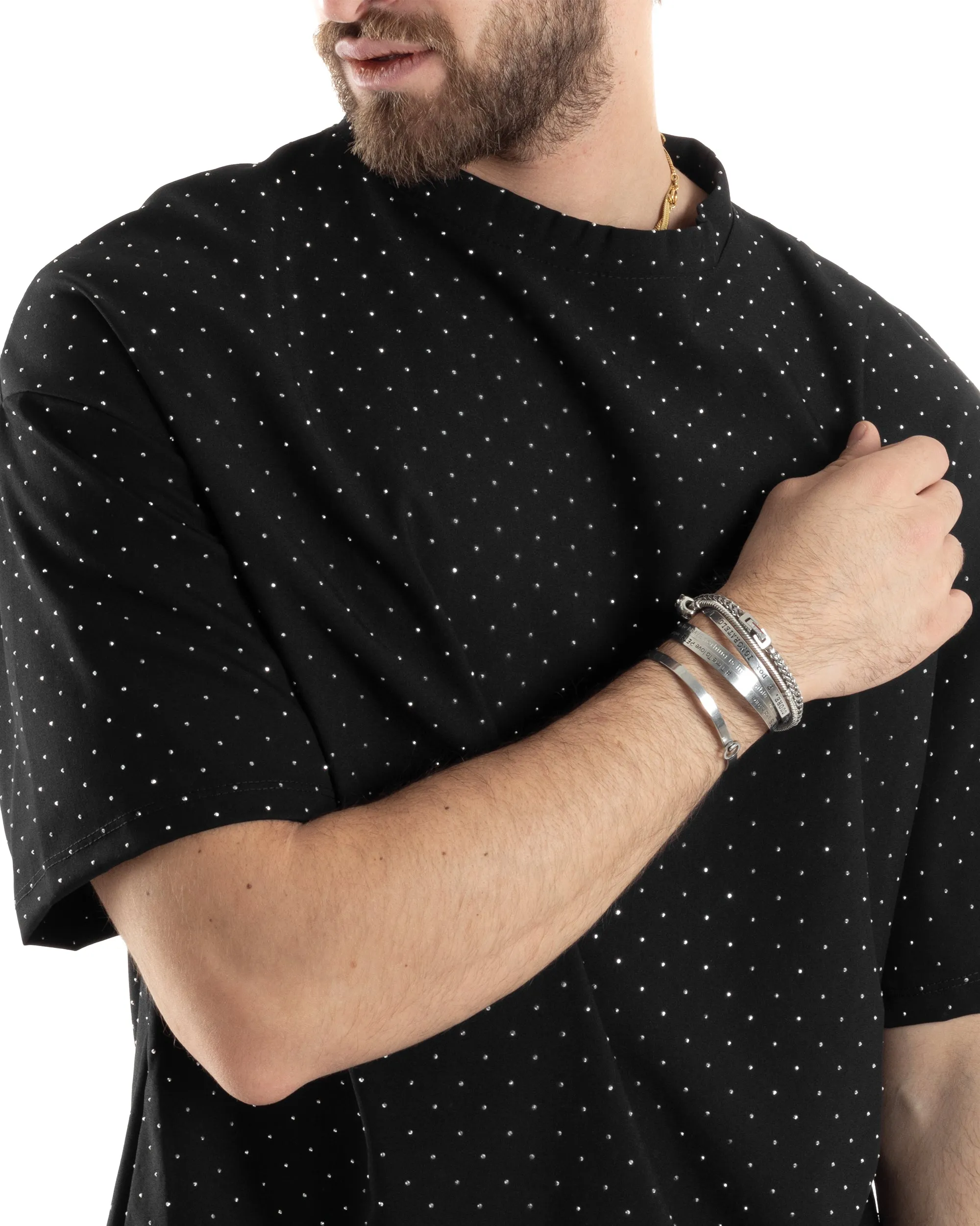 T-shirt Uomo Manica Corta Con Brillantini Viscosa Cotone Casual Strass Diamond Nero GIOSAL-TS3043A