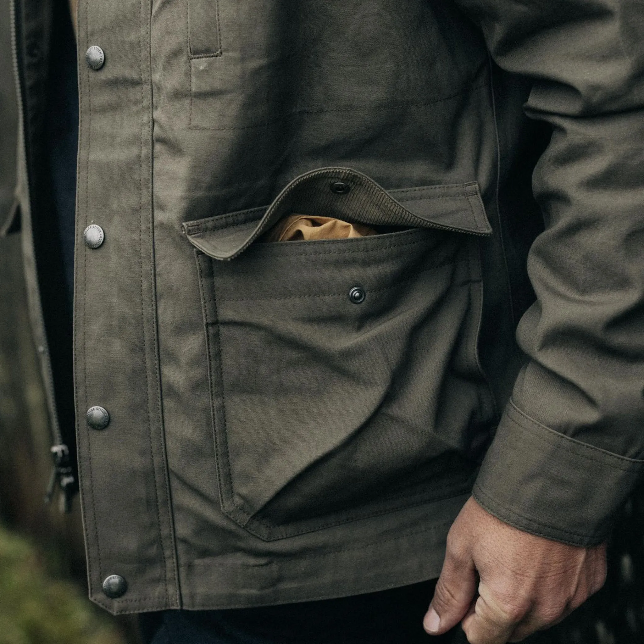 The Pathfinder Jacket in Fatigue Olive Dry Wax