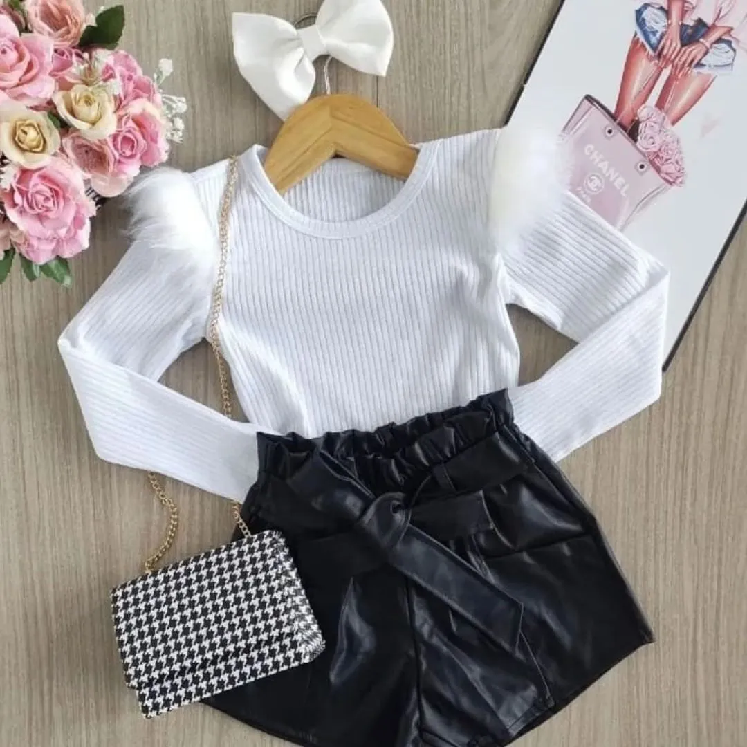 Toddler Kids Girls Solid Color Knitted Feather Top Bow Tie Waistband Shorts Set