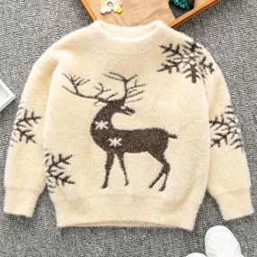 Toddler Kids Solid Color Cartoon Deer Faux Mink Fleece Pullover Top