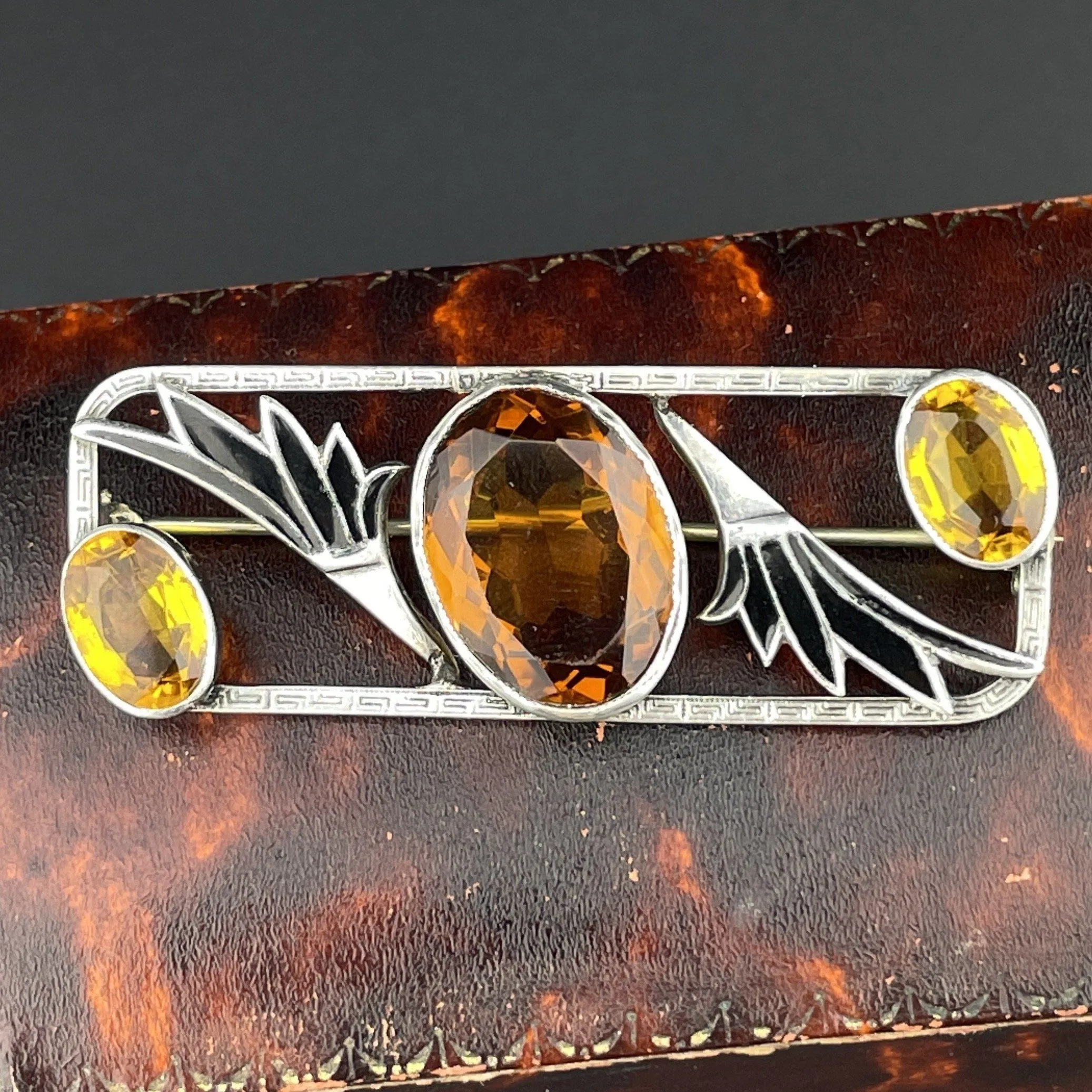 Vintage Art Deco Citrine Black Enamel Lotus Brooch