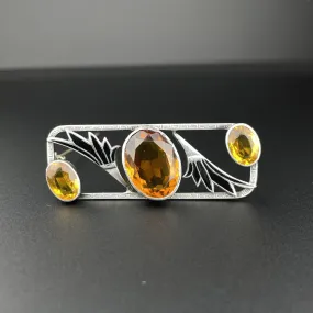 Vintage Art Deco Citrine Black Enamel Lotus Brooch