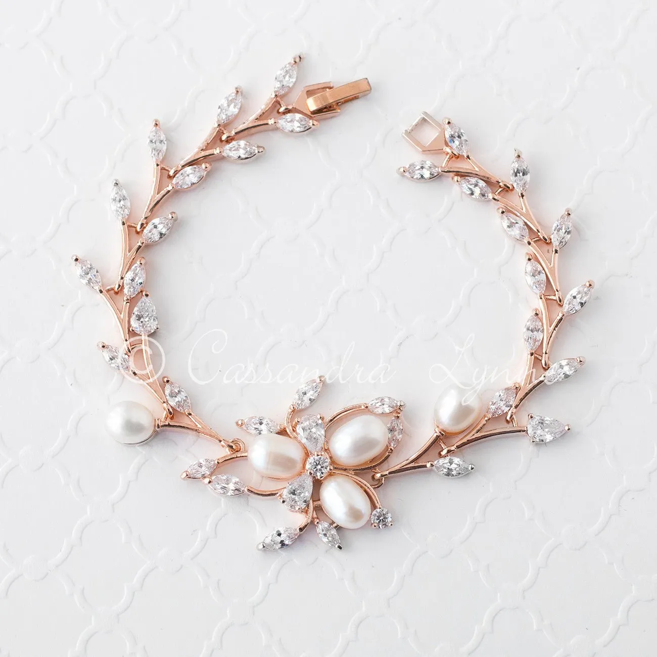 Wedding Bracelet with Ivory Pearl Flower and CZ Vine