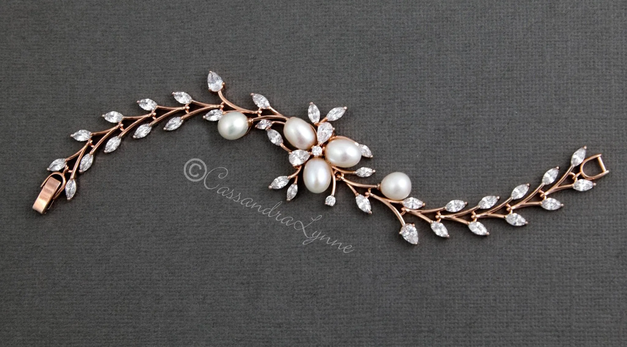 Wedding Bracelet with Ivory Pearl Flower and CZ Vine