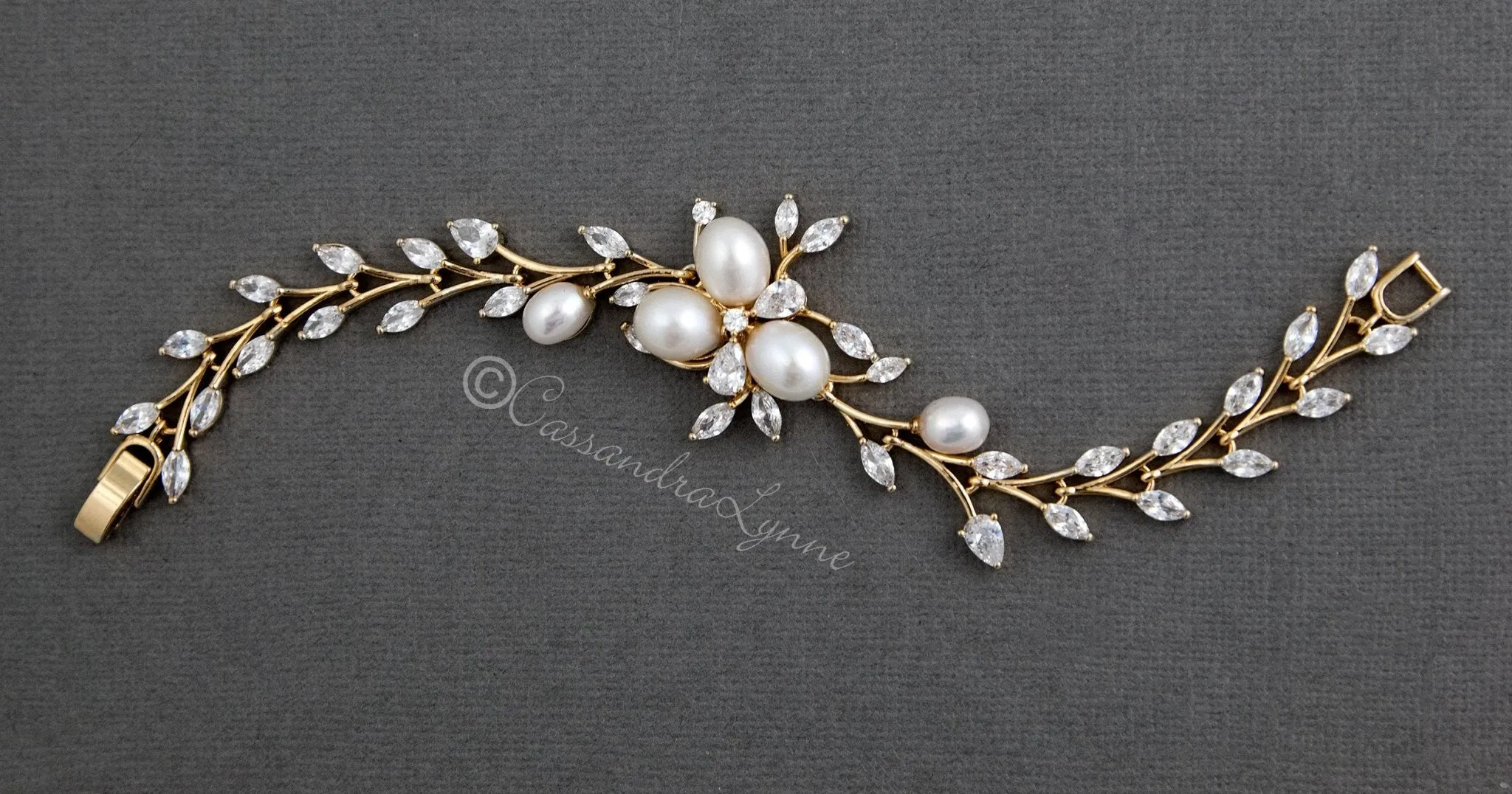 Wedding Bracelet with Ivory Pearl Flower and CZ Vine