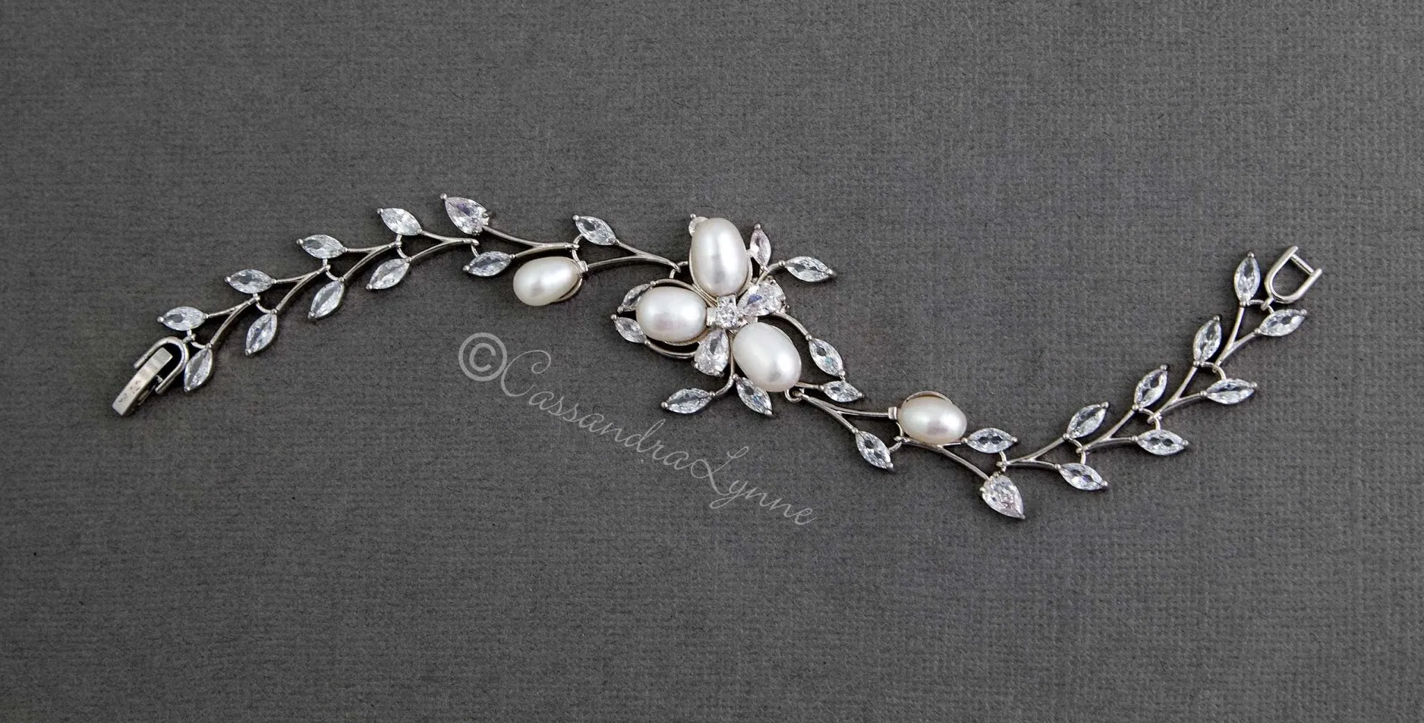 Wedding Bracelet with Ivory Pearl Flower and CZ Vine